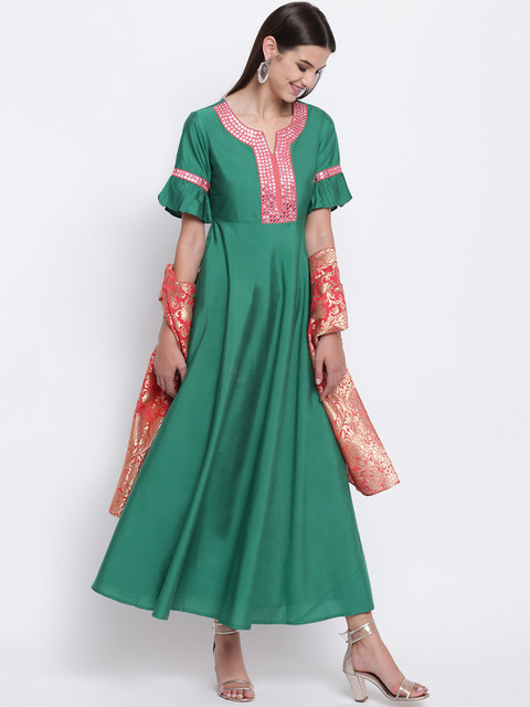 

Shakumbhari Women Green Embellished Maxi Dress with Stole