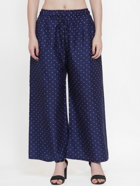 

TAG 7 Women Navy Blue & White Printed Wide Leg Palazzos