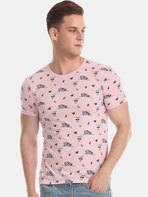 

Flying Machine Men Pink Printed Round Neck T-shirt