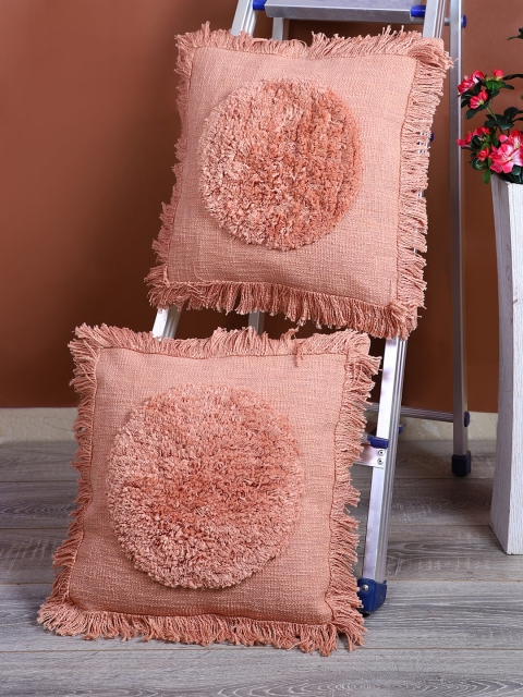 

eyda Peach-Coloured Set of 2 Self Design Square Cushion Covers