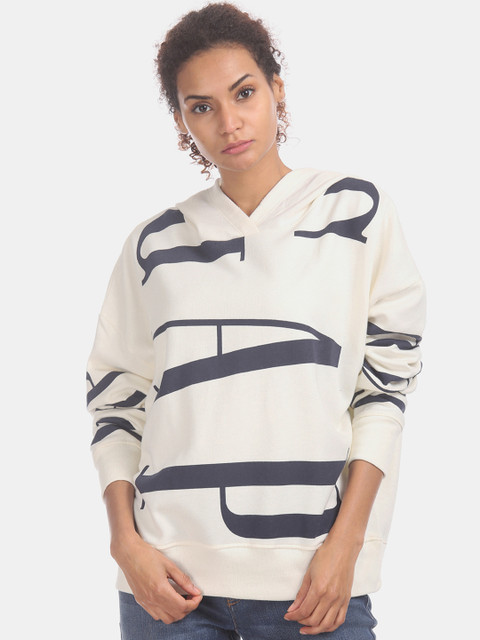 

GAP Women White & Blue Printed Hooded Sweatshirt