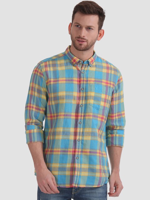 

Flying Machine Men Blue & Yellow Regular Fit Checked Casual Shirt