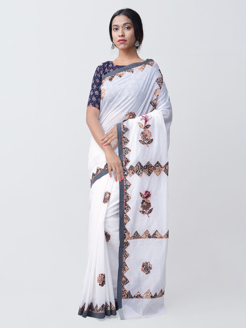 

Unnati Silks White & Grey Kerala Pure Cotton Kalamkari Printed Saree