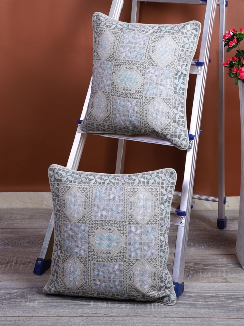 

eyda Grey & Blue Set of 2 Ethnic Motifs Embroidered Square Cushion Covers