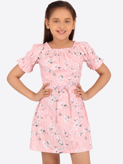 

CUTECUMBER Girls Peach-Coloured Printed Fit and Flare Dress