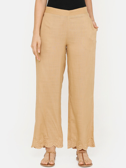 

De Moza Women Beige Embroidered Straight Palazzos