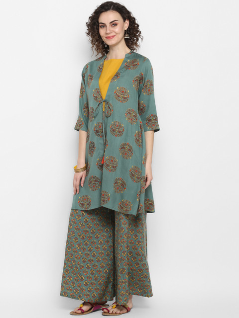 

Janasya Women Green & Yellow Solid Top with Palazzos