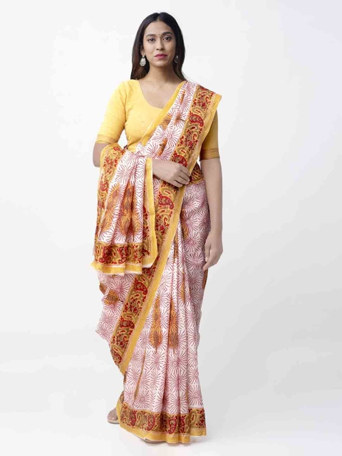 

Unnati Silks Off-White & Pink Art Silk Printed Rajasthani Bagru Handloom Saree