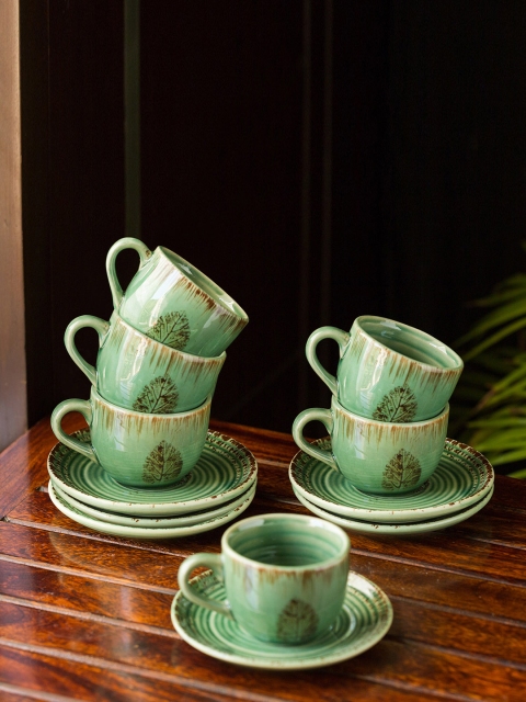 

ExclusiveLane Set Of 6 Green & Brown Banyan-Leaves Hand-painted Microwave Safe Ceramic Tea Cups With Saucers