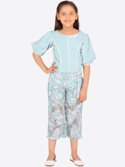 

CUTECUMBER Girls Green & Off-White Embellished Top with Capris