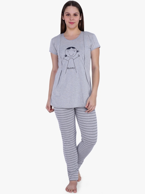 

MomToBe Women Grey & Black Printed Feeding Night suit
