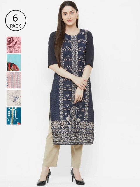 

7Threads Women Pack Of 6 Printed Straight Kurtas, Green