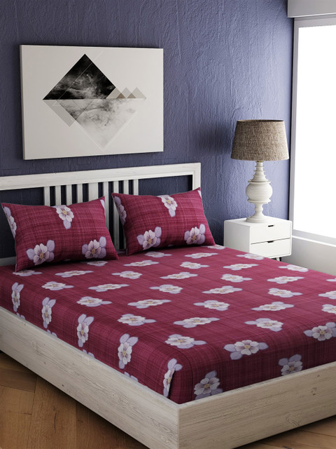 

EverHOME Maroon & Purple Floral 144 TC Cotton 1 Queen Bedsheet with 2 Pillow Covers
