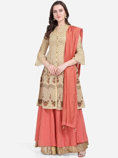 

Stylee LIFESTYLE Beige & Coral Art Silk Semi-Stitched Dress Material