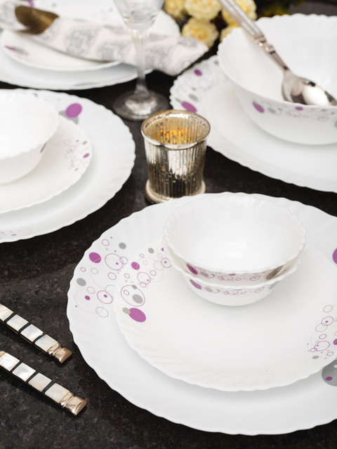 

Laopala White & Magenta Printed Haze Opalware 33 Pieces Dinner Set