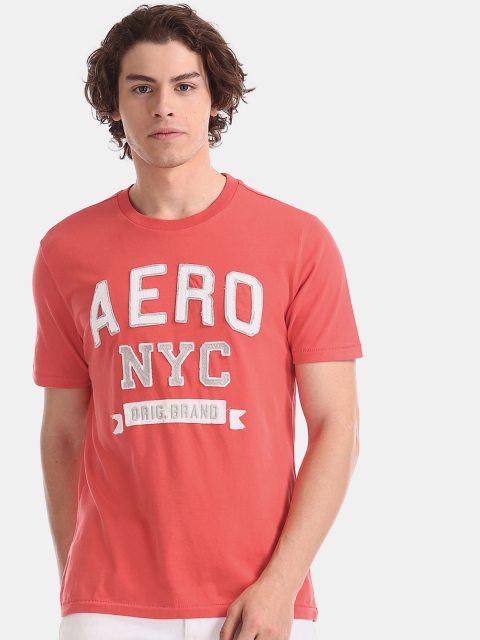 

Aeropostale Men Coral Orange & White Printed Round Neck T-shirt