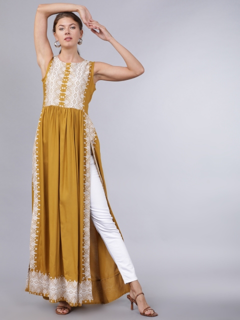 

Folklore Women Mustard Yellow & White Yoke Design A-Line Kurta