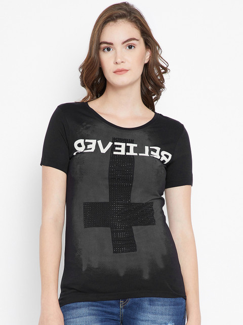 

PUNK Women Black Printed Round Neck T-shirt