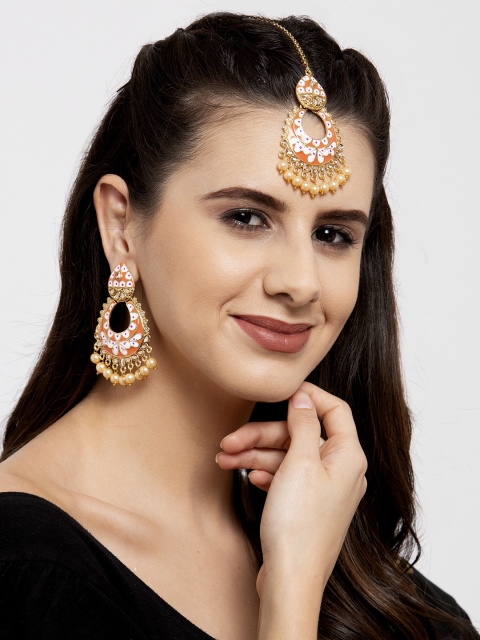 

Shining Diva Gold-Plated Orange & Off-White Kundan-Studded Pearl Embellished Meenakari Jewellery Set