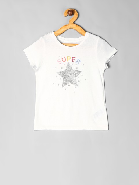 

GAP Girls White Printed Embellished Round Neck Pure Cotton T-shirt