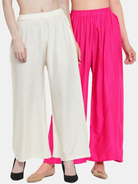 

TAG 7 Women Pack Of 2 Off-White & Fuchsia Solid Flared Palazzos