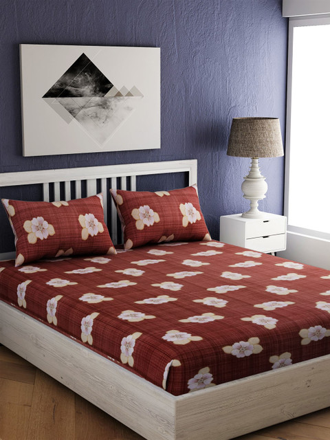 

EverHOME Brown & Off-White Floral 144 TC Cotton 1 Queen Bedsheet with 2 Pillow Covers