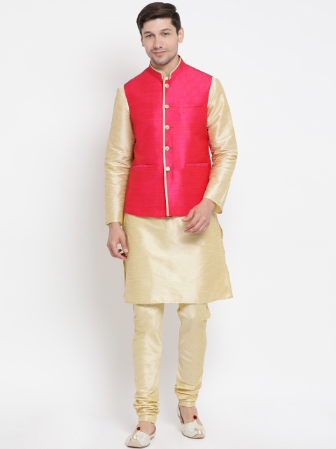

VASTRAMAY Men Pink & Gold-Toned Solid Kurta with Churidar