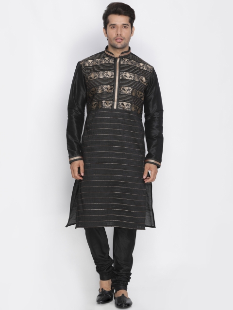 

VASTRAMAY Men Black & Gold-Toned Solid Kurta with Pyjamas