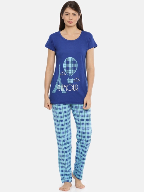 Red Rose Women Navy Blue & Blue Printed Night suit