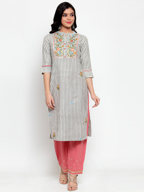

ANAISA Women White & Grey Embroidered Kurta with Trousers