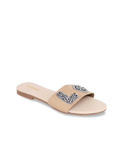 

CHINI C Women Beige Embellished Leather Open Toe Flats