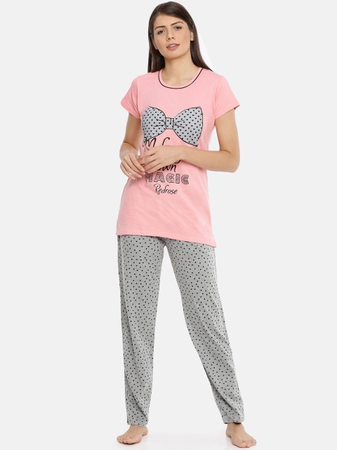 

Red Rose Women Pink & Grey Printed Night suit
