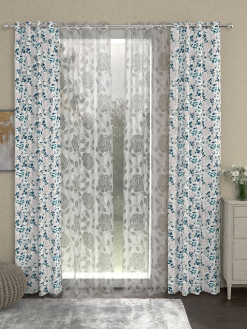 

ROSARA HOME White & Teal Blue Set of 4 Door Curtains