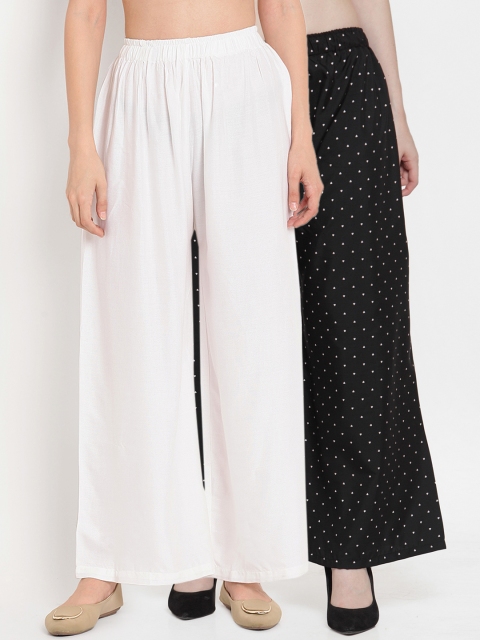 

TAG 7 Women Pack Of 2 White & Black Printed Flared Palazzos