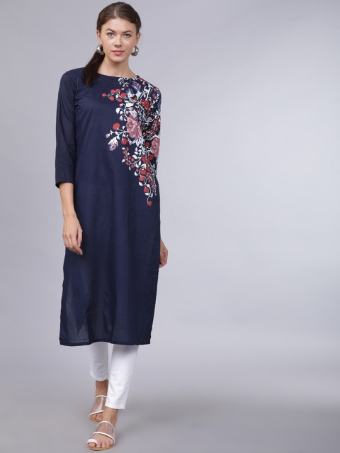 

Folklore Women Navy Blue Printed Straight Kurta