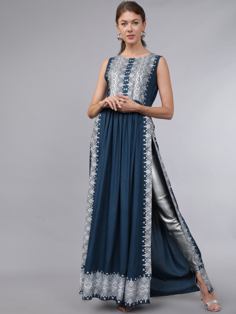

Folklore Women Teal Blue Printed A-Line Kurta