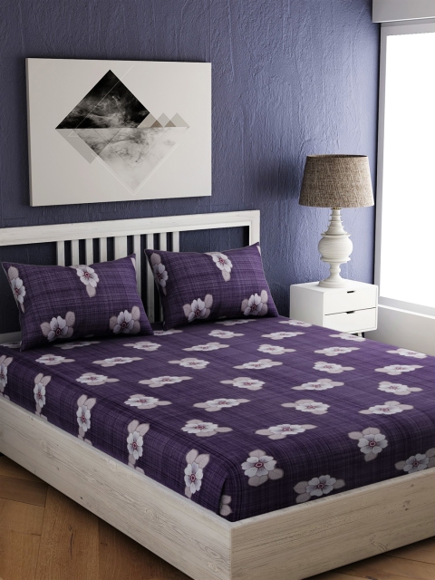 

EverHOME Purple & Off-White Floral 144 TC Cotton 1 Queen Bedsheet with 2 Pillow Covers