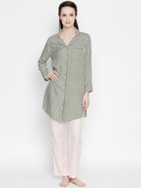 

Dreamz by Pantaloons Women Olive Green & Pink Striped Night suit
