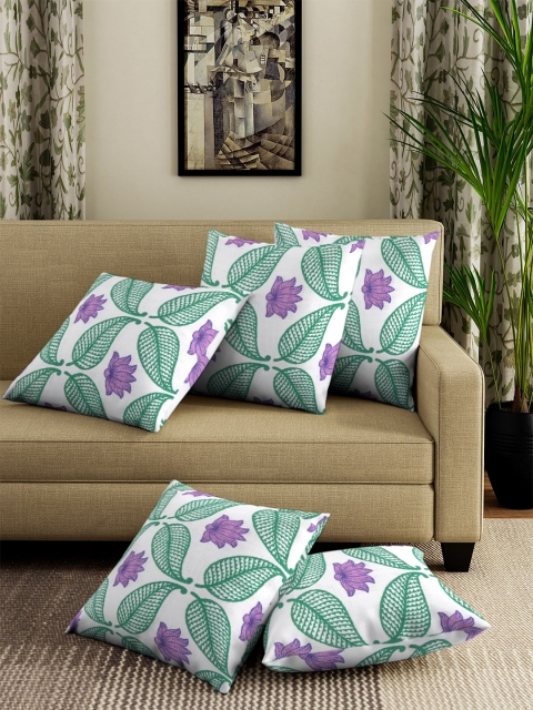 

NEUDIS Purple & Green Set of 5 Floral Square Cushion Covers