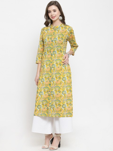 

Varanga Women Yellow Floral Printed Straight Kurta