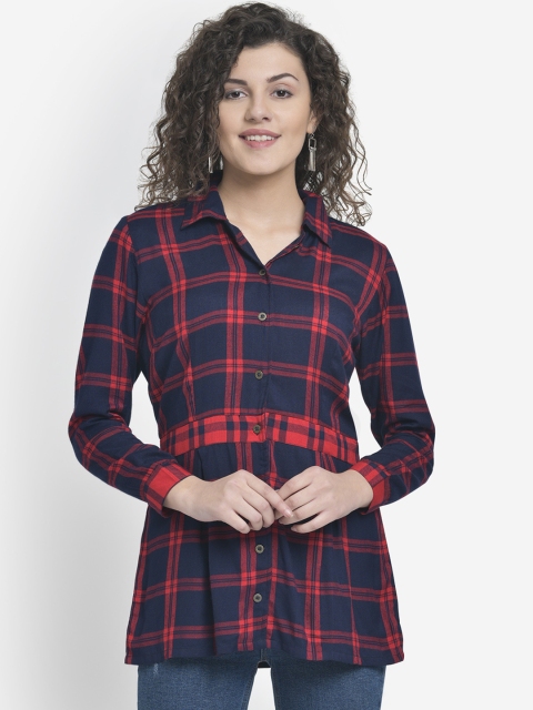 

Martini Women Red & Navy Blue Checked Shirt Style Top