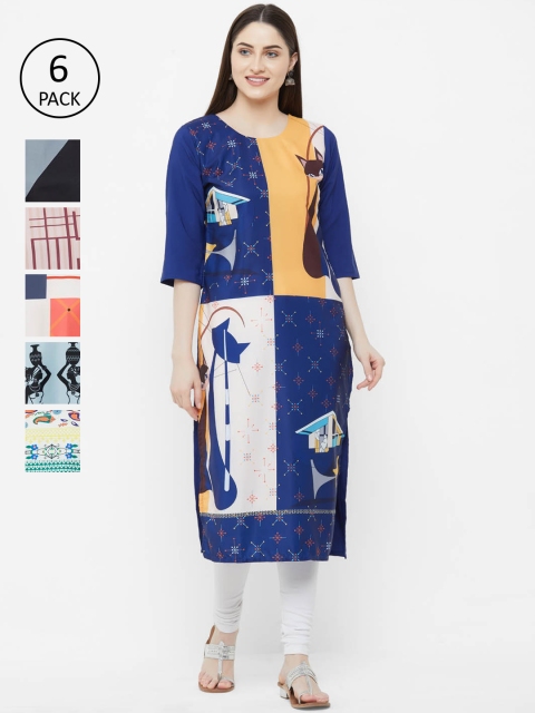 

7Threads Women Pack of 6 Printed Straight Kurtas, Multi