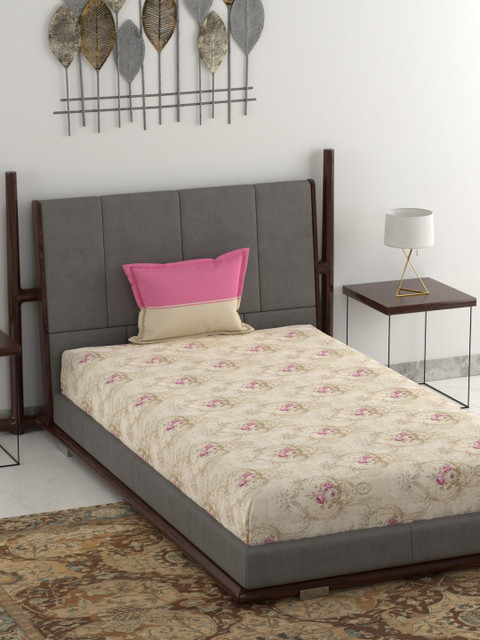 

Trident Beige & Pink Floral 144 TC Cotton 1 Single Bedsheet with 1 Pillow Cover