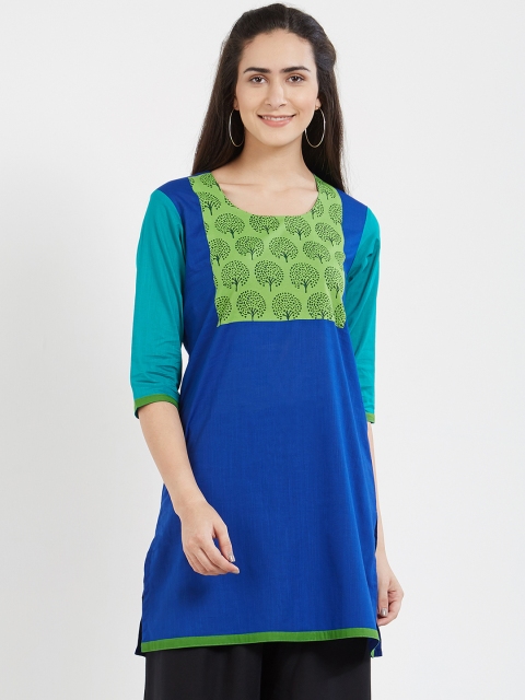 

Desi Weavess Women Blue & Green Yoke Design Jacquard Straight Kurti