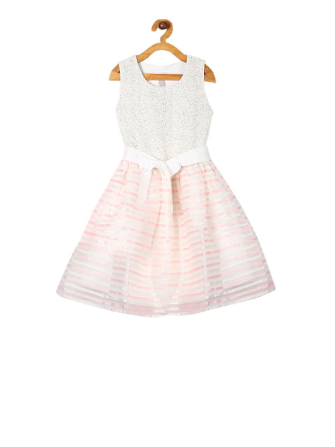 

The Childrens Place Girls White Shimmery Striped Fit and Flare Dress