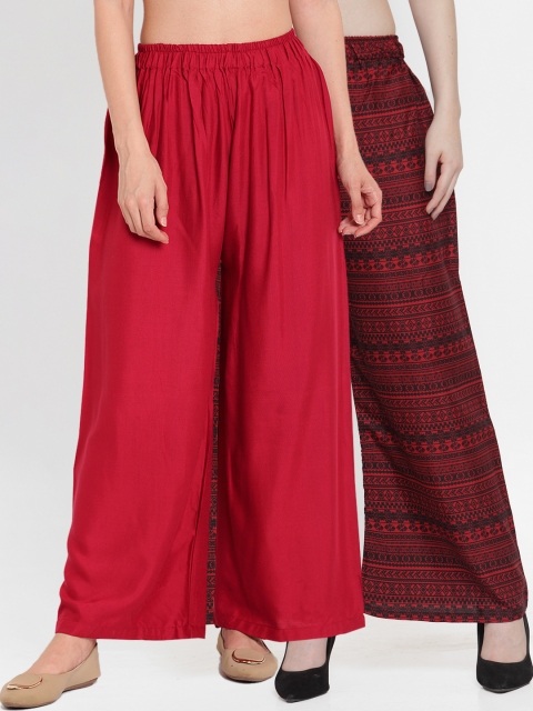 

TAG 7 Women Pack Of 2 Printed Flared Palazzos, Maroon