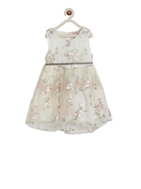 

Kids On Board Girls Cream-Coloured Embellished Fit and Flare Dress