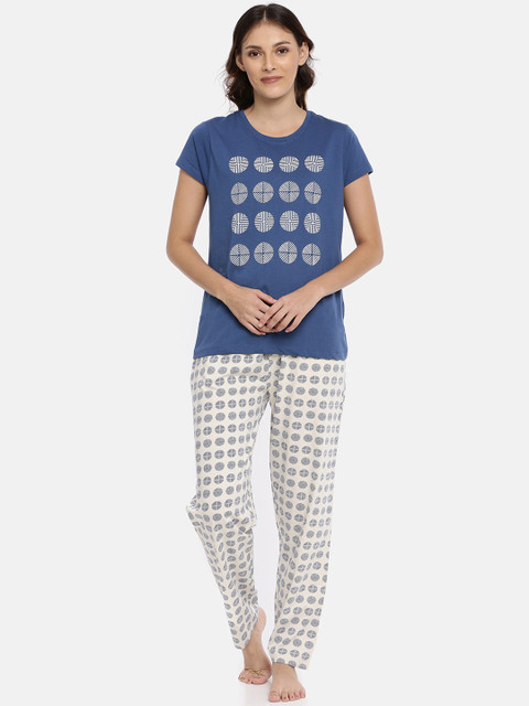

Ellete Women Blue & Cream-Coloured Printed Night Suit EPJ057