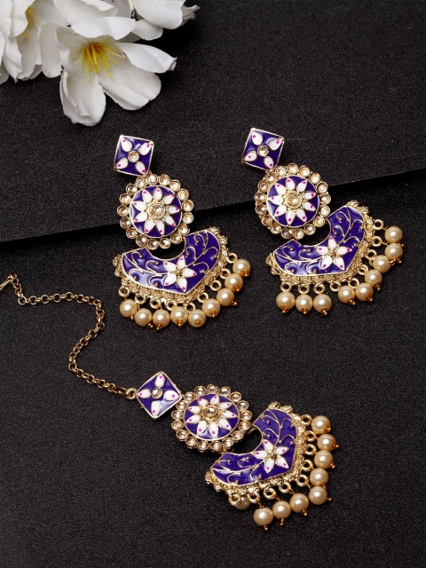 

Shining Diva Blue & Off-White Gold-Plated Kundan-Studded Meenakari Jewellery Set