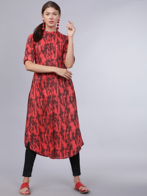 

Folklore Women Coral Orange & Black Printed Straight Kurta